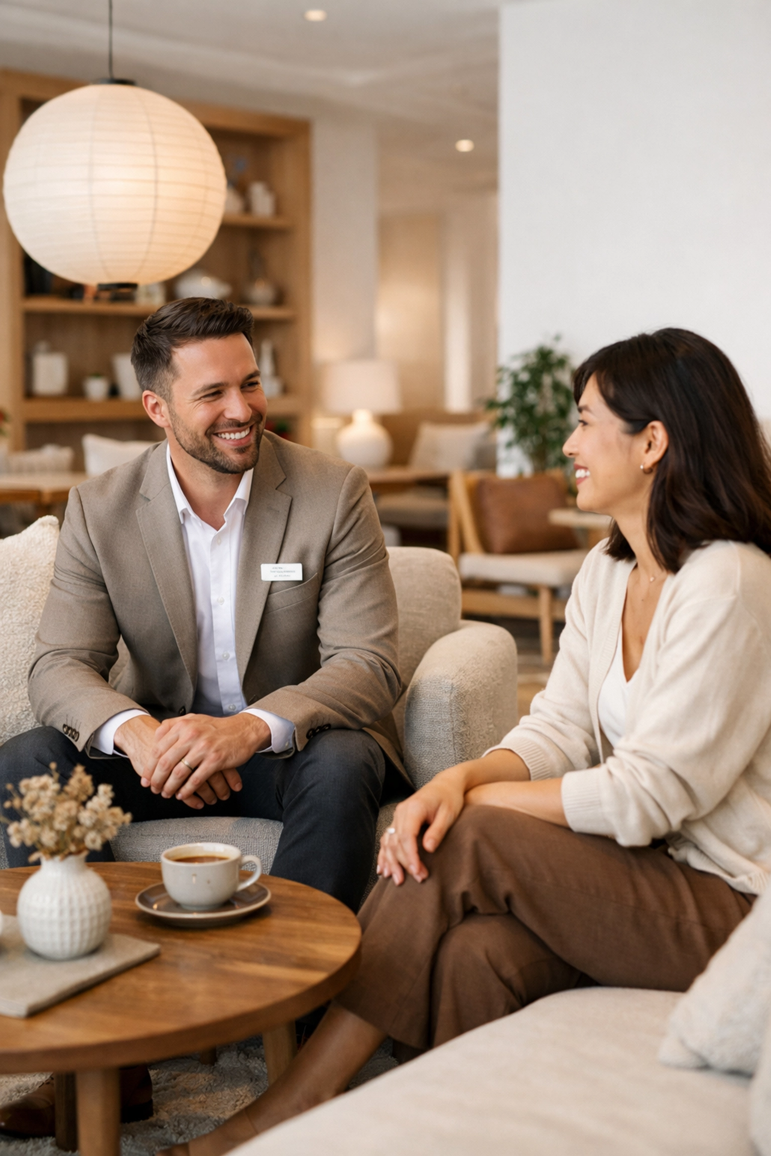 Hotel staff and guest engaging in a relaxed, personal conversation in a modern lounge without front desks.