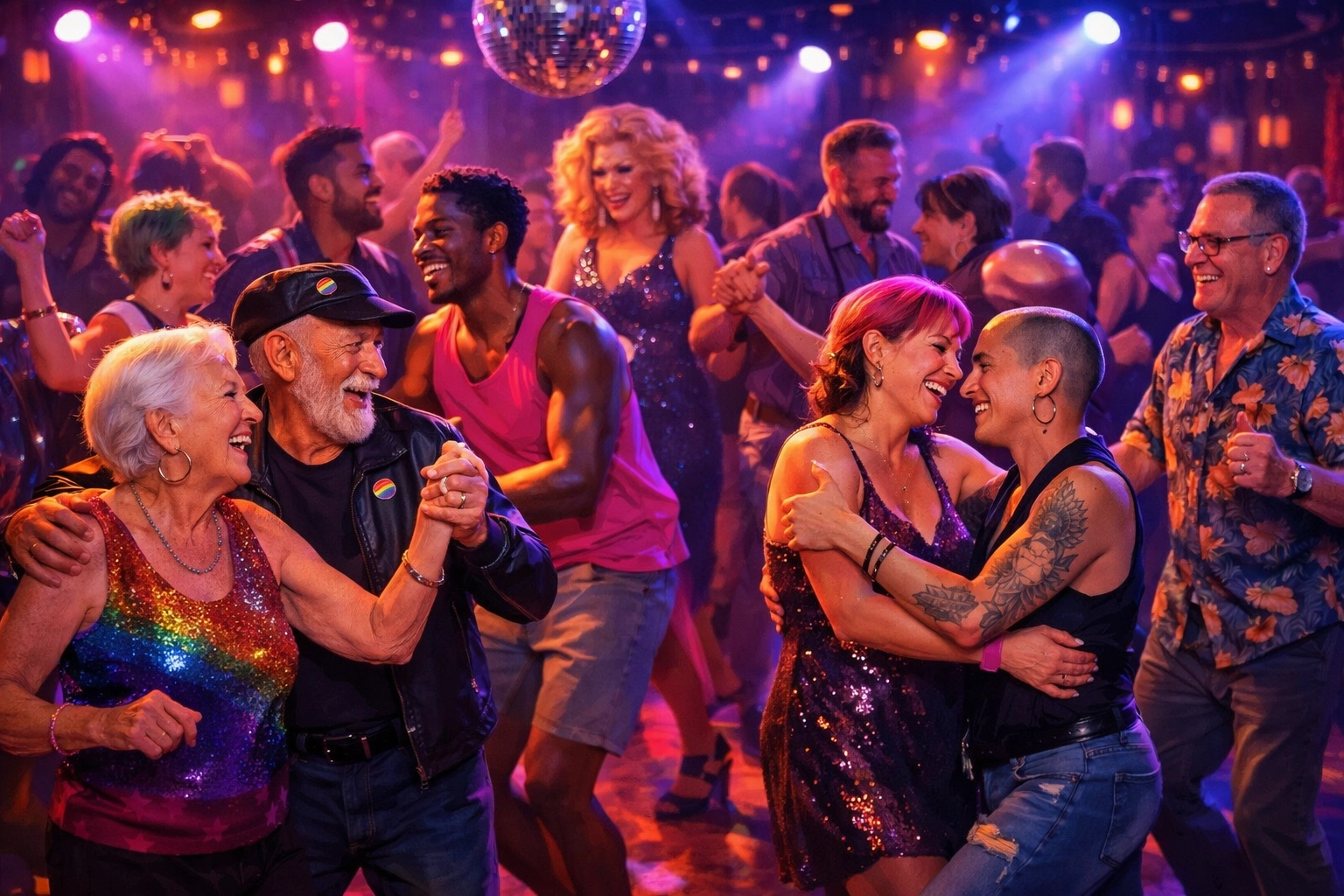 Multiple generations of LGBTQ+ people dancing together in celebration and unity