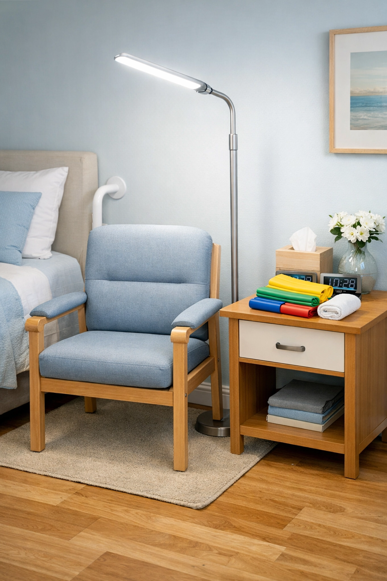 A safe bedroom corner featuring a sturdy chair, bright lighting, and exercise equipment.