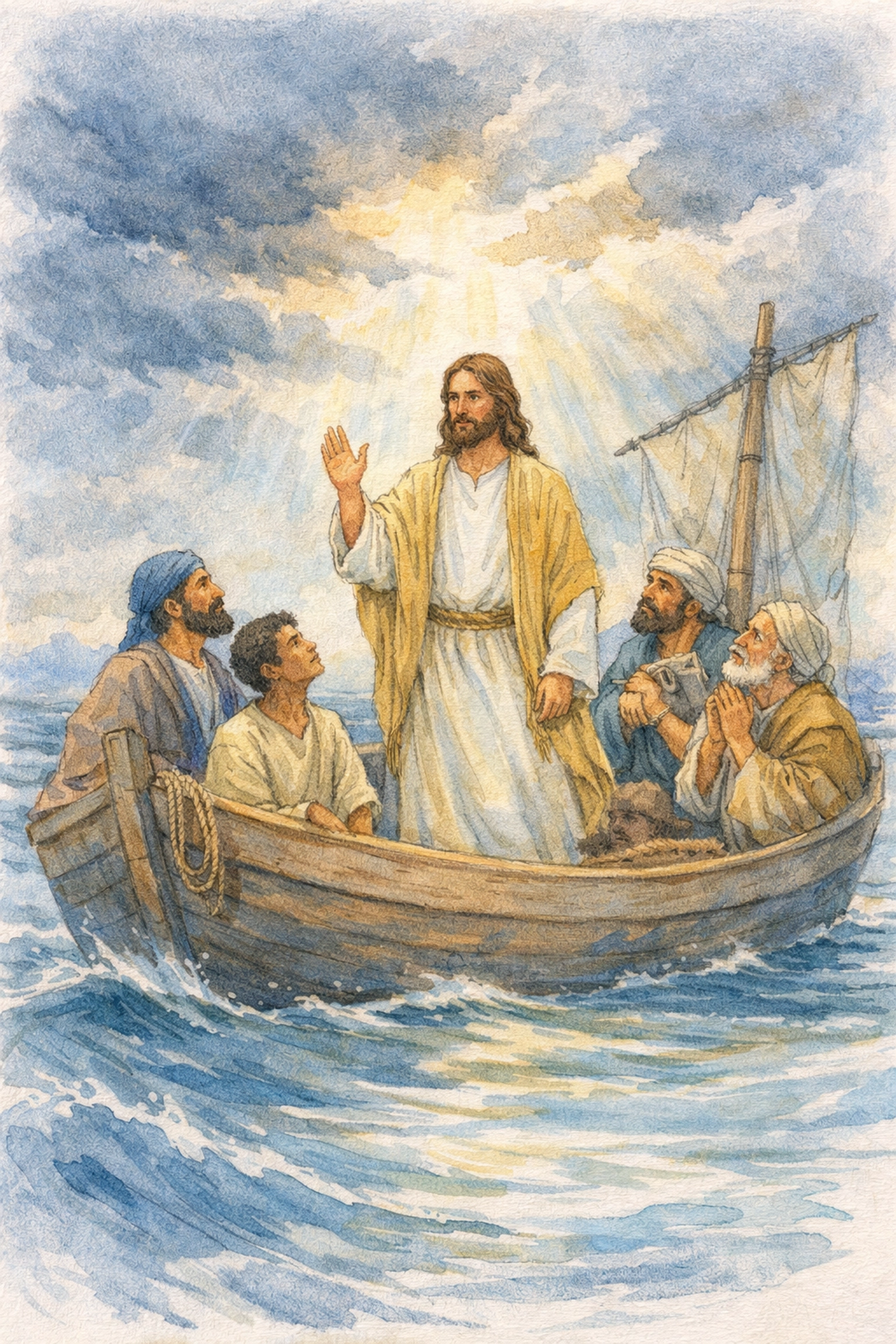 Jesus calming the storm from a boat with disciples witnessing the power of His spoken word