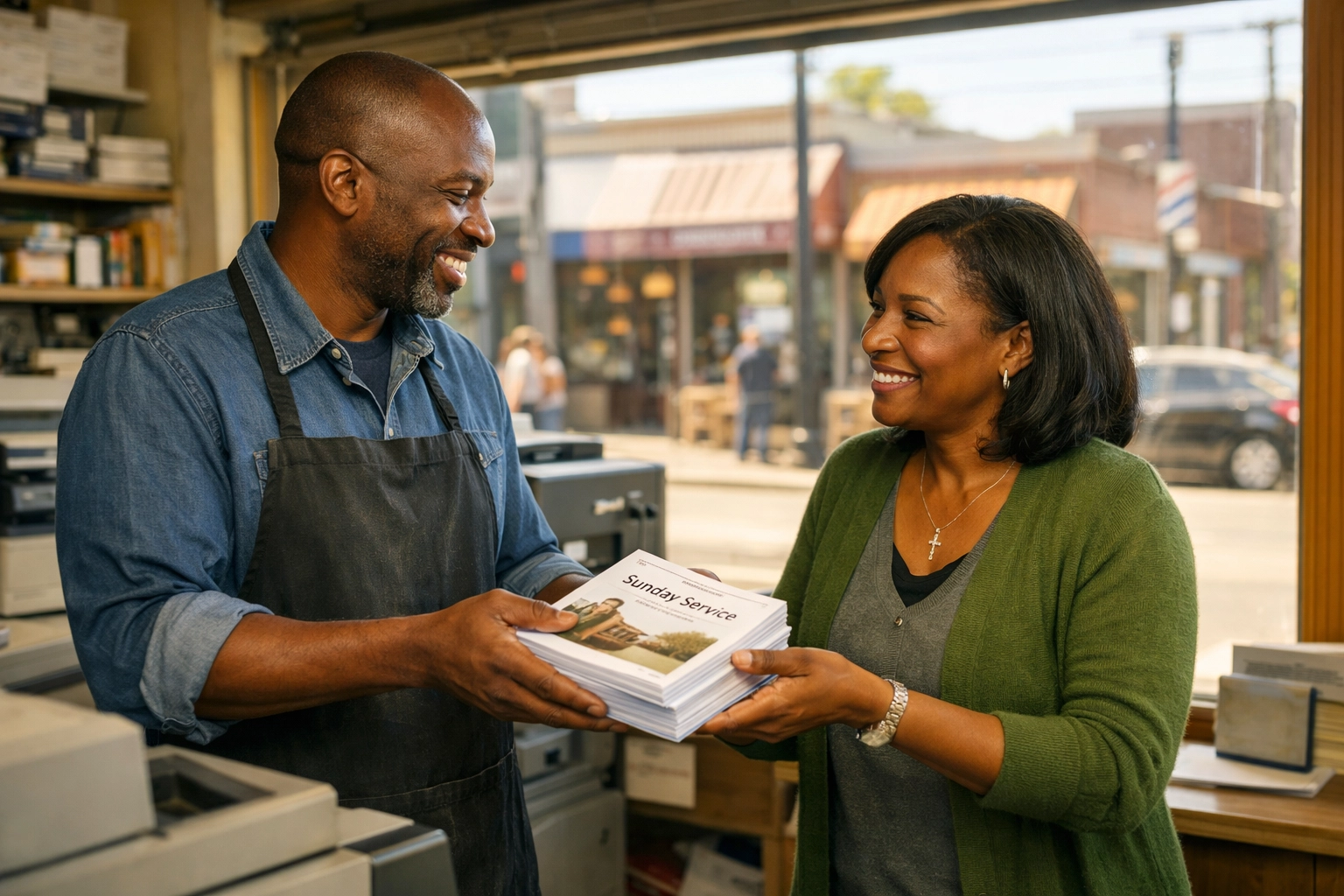 A local business owner handing printed bulletins to a church administrator, illustrating local economic reinvestment.