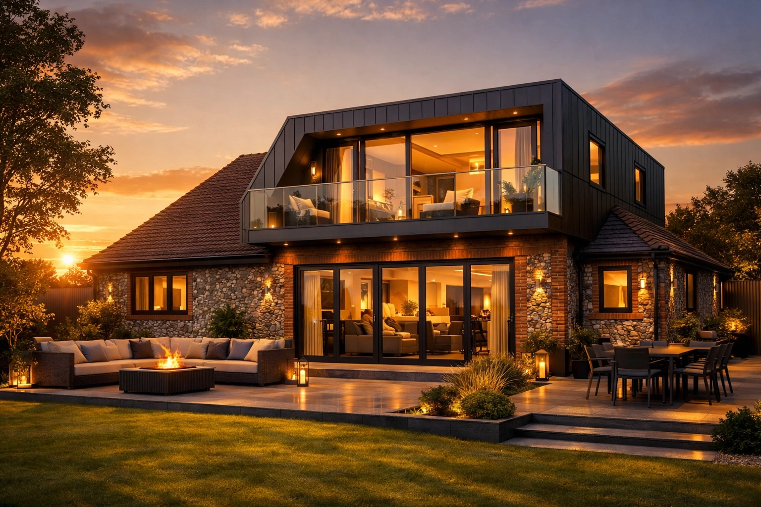 Modern second-floor addition on a West Sussex bungalow with flint-work and a stylish glass balcony.