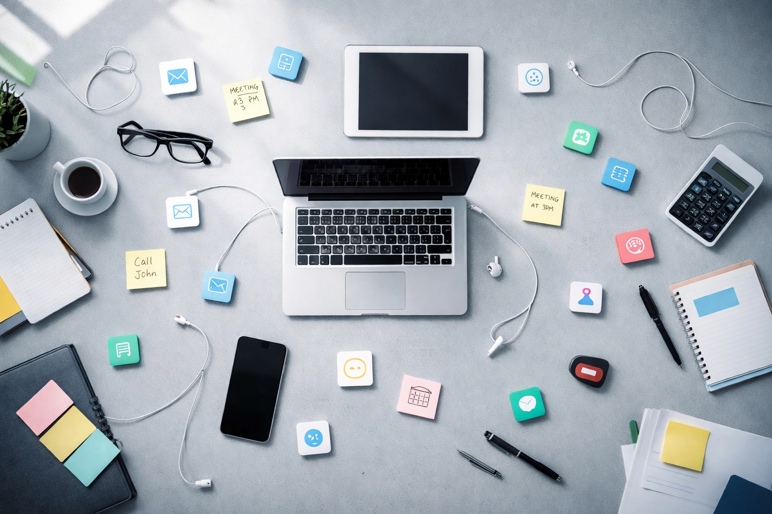 Overhead view of a cluttered executive desk with scattered devices and disconnected tools, illustrating disorganized tech stacks in business.