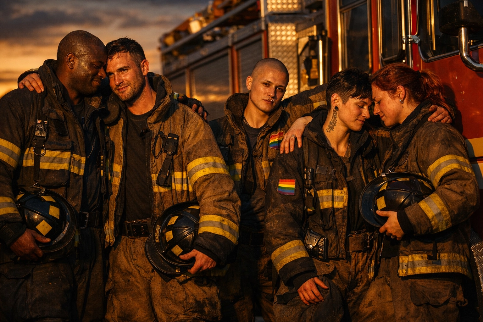 LGBTQ+ firefighters showing camaraderie and support after responding to emergency call