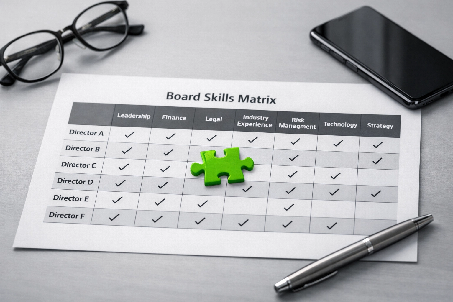 Strategic board skills matrix on a desk with a green puzzle piece symbolizing effective nonprofit board recruitment.