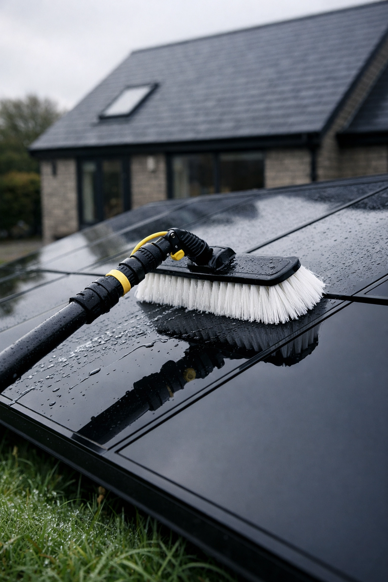 Professional solar panel cleaning with a telescopic pole for system aftercare and maintenance.