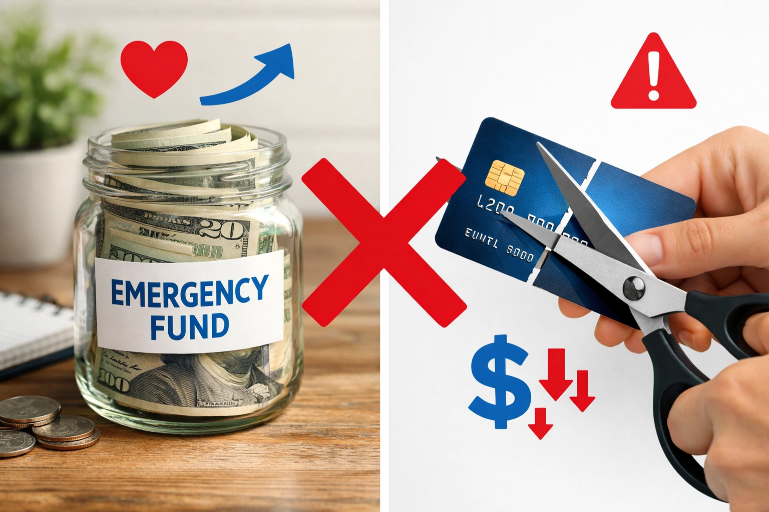 Emergency savings jar versus credit card comparison showing proper financial planning