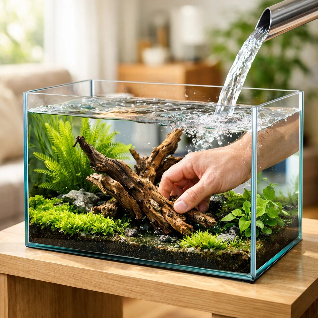 Setting up a new rimless aquarium with live plants and driftwood to avoid New Tank Syndrome.