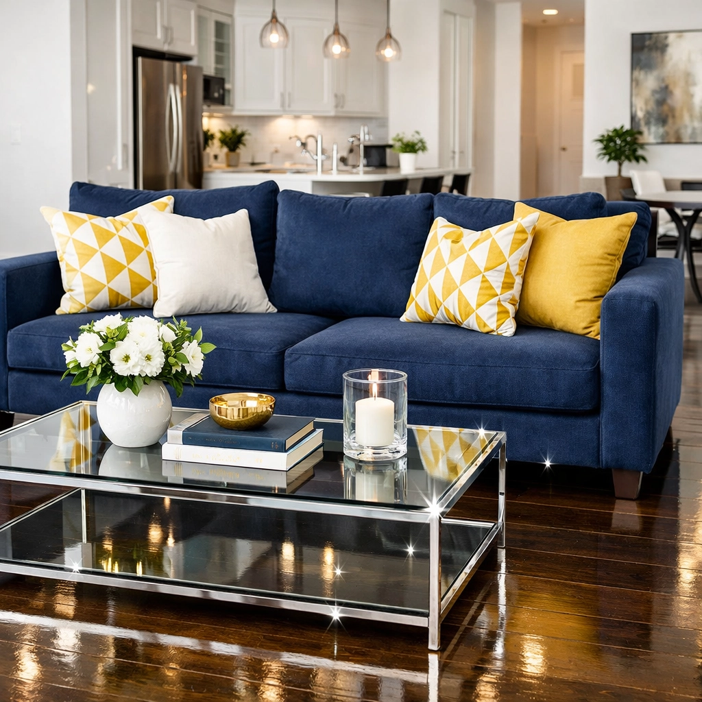 Organized and sanitized living room after recurring cleaning a 2-bedroom apartment.