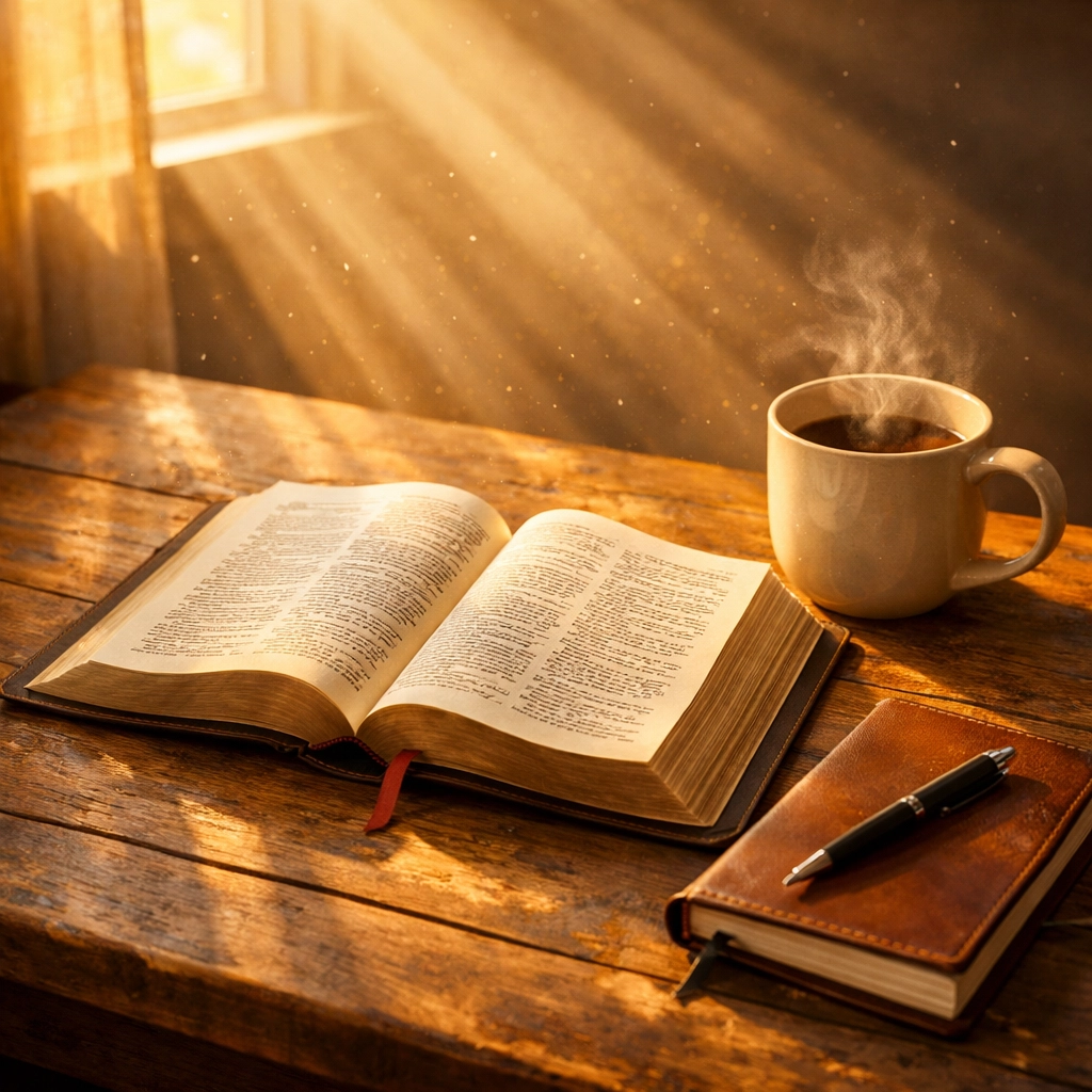 Open Bible with coffee and journal in morning sunlight for peaceful devotional time