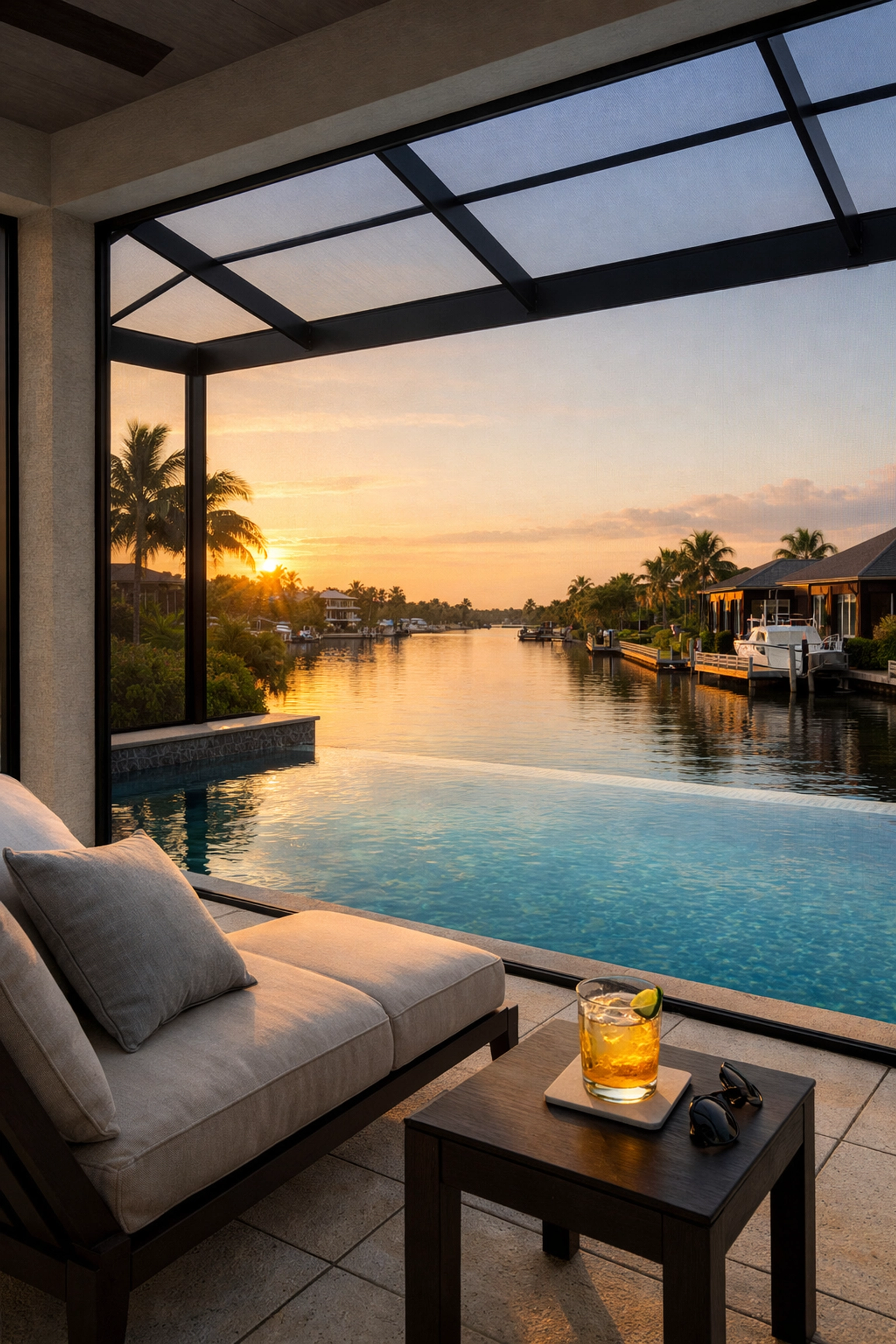 Modern screened-in lanai and infinity pool overlooking a Cape Coral canal at sunset.