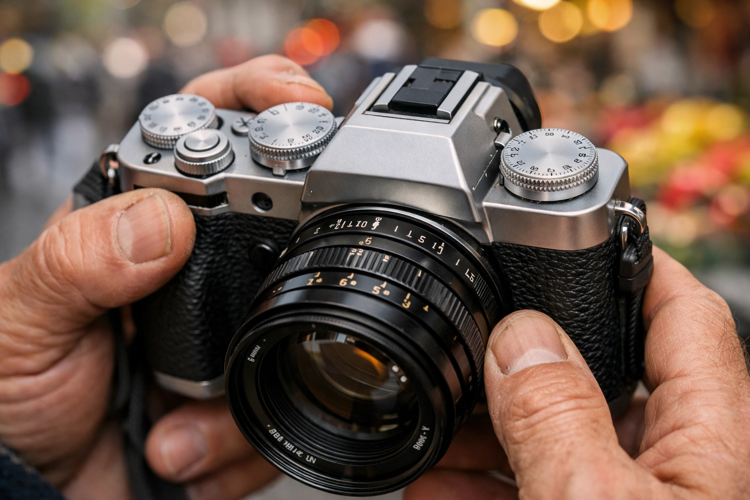 Close up of one of the best mirrorless cameras for street photography held in a bustling urban market.