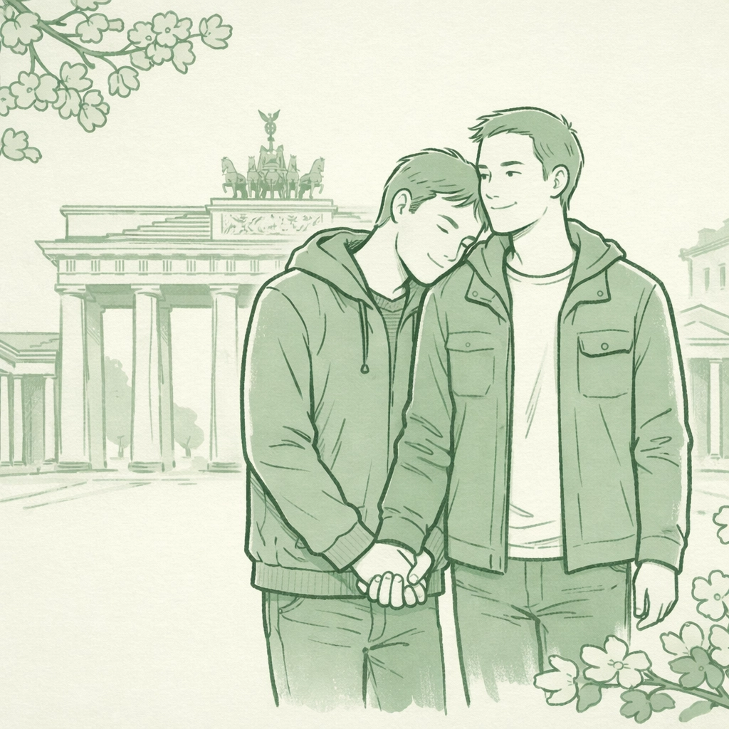 Gay couple holding hands at Brandenburg Gate Berlin after receiving asylum and finding freedom