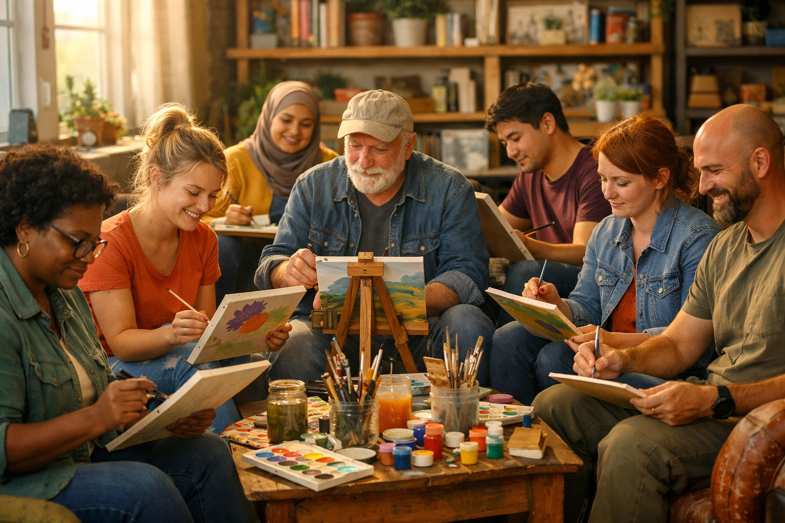 Diverse professionals participating in corporate creative wellbeing workshop with art supplies