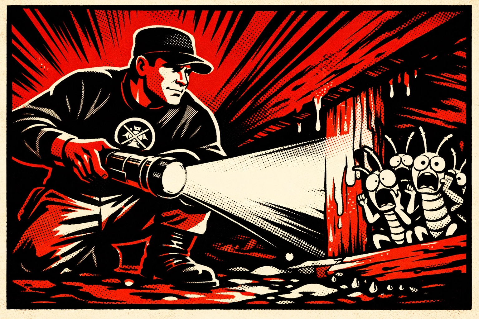 Professional pest control technician performing a termite inspection in a dark Alabama home crawlspace.