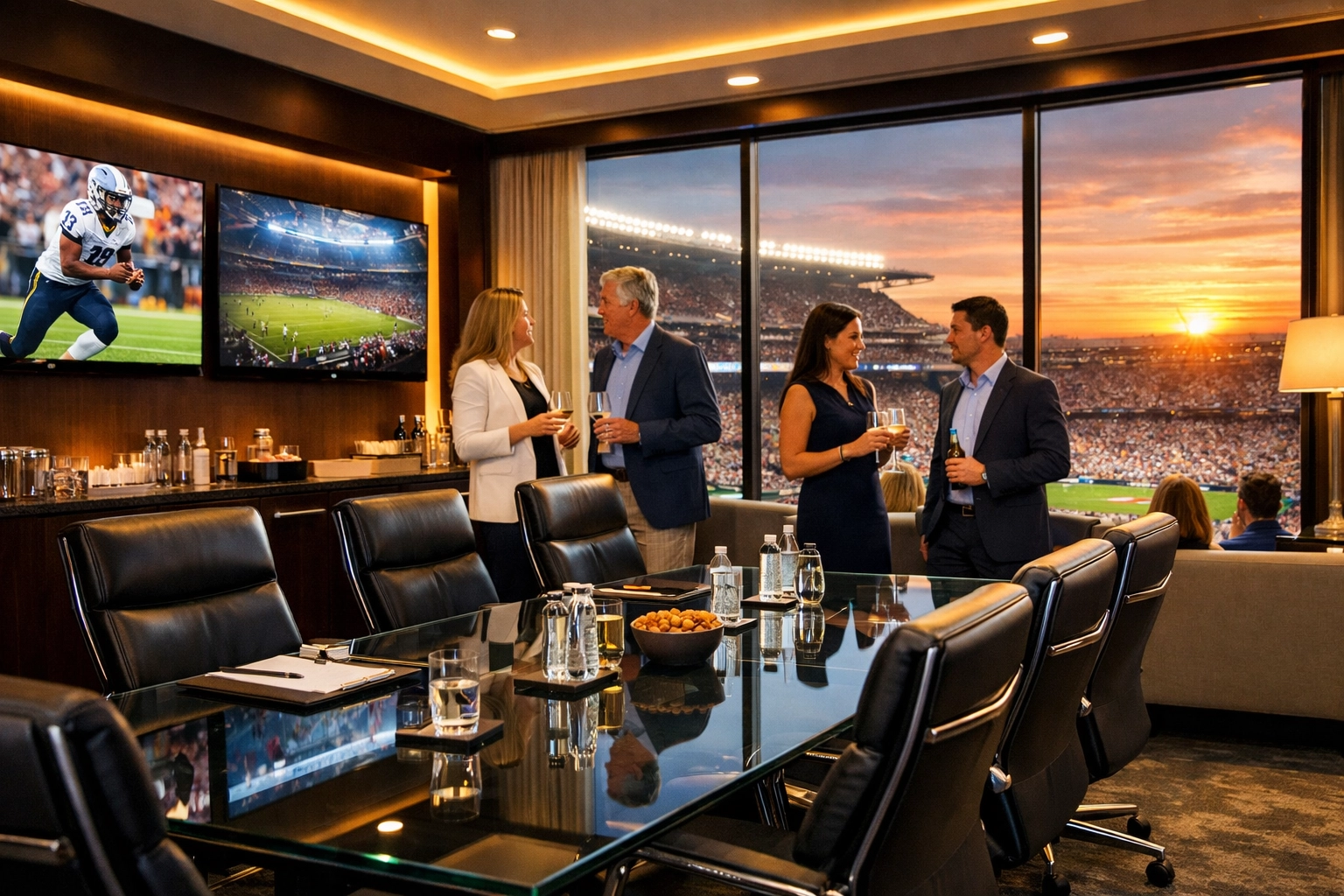 Luxury Super Bowl suite with executives networking and stadium views for corporate client meetings