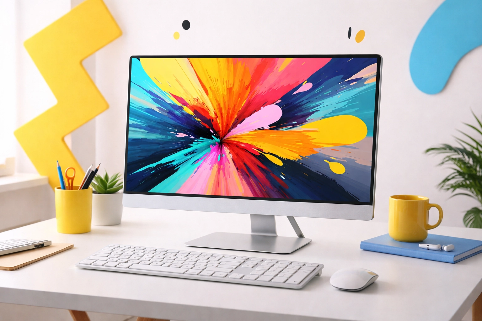 Lenovo-style 24-inch all-in-one desktop computer on a clean modern desk, realistic (not hyper-realistic) product photo with bold high-contrast accents.