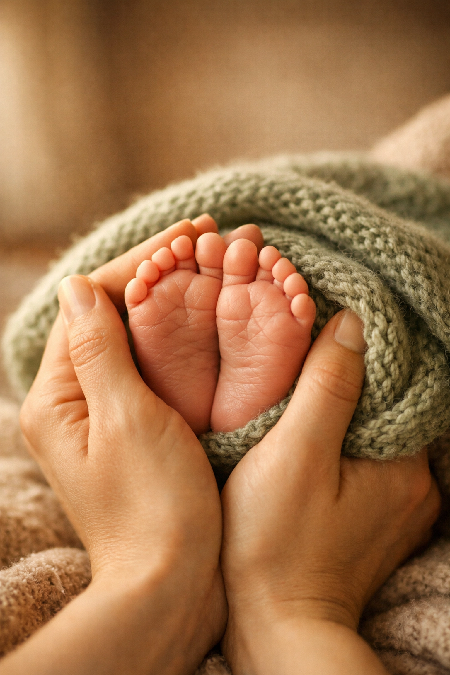 Intimate close-up of a mother cradling newborn baby feet in a cozy Northern Beaches photography studio.