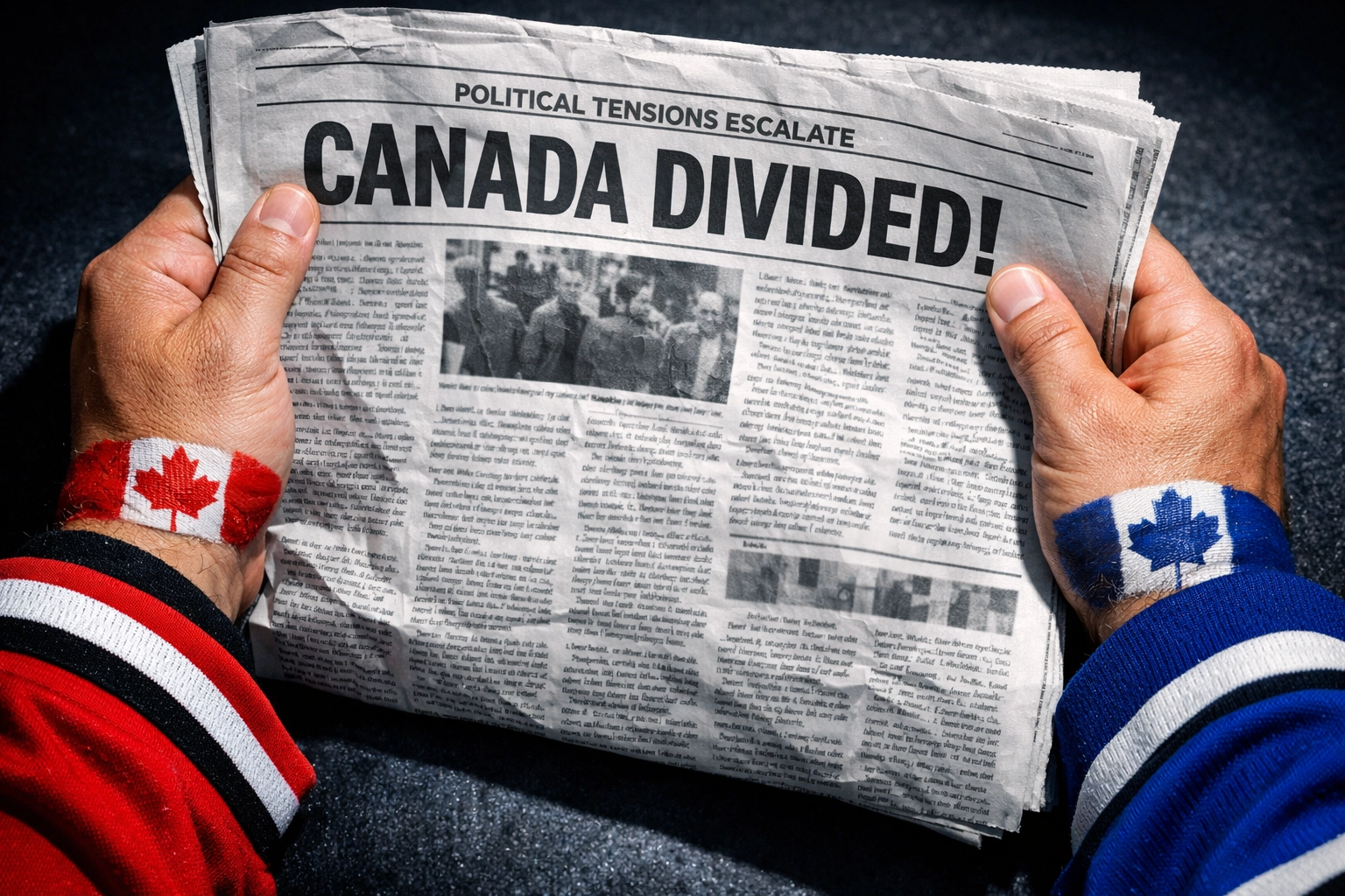 Hands in partisan team colors holding Canadian newspaper showing political bias
