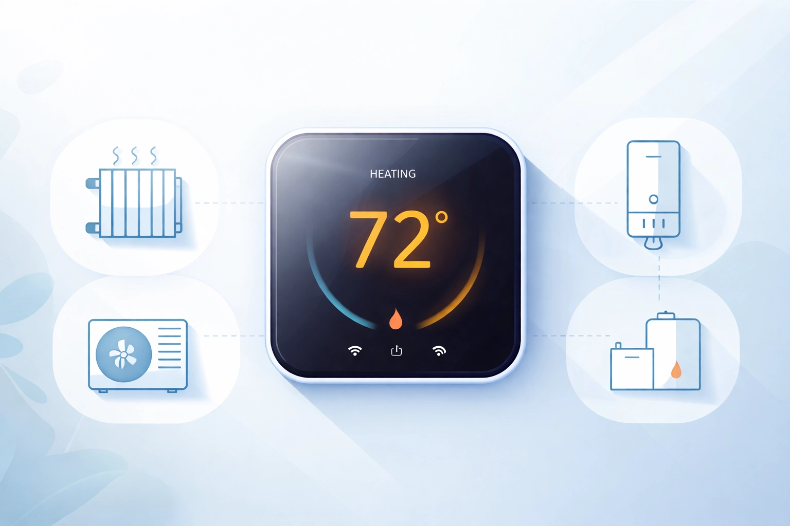 Graphic of a smart thermostat with heating icons, demonstrating modern controls for lower energy bills and improved comfort.