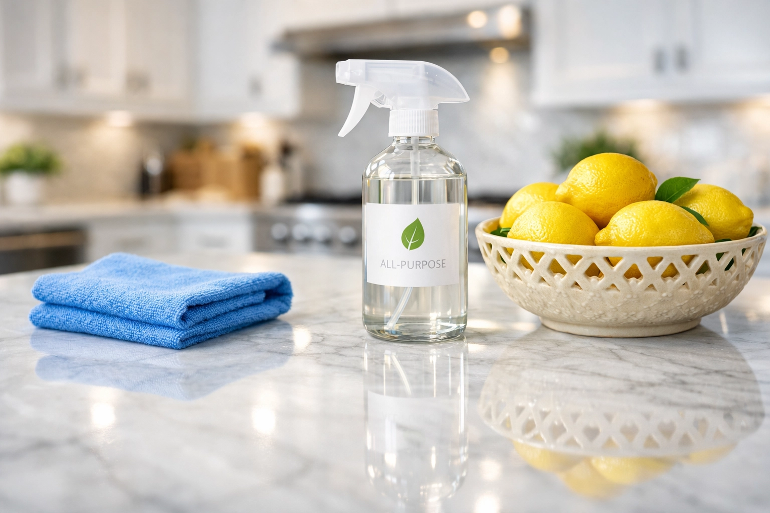 Spotless marble kitchen countertop after professional house cleaning Groton MA with eco-friendly products.