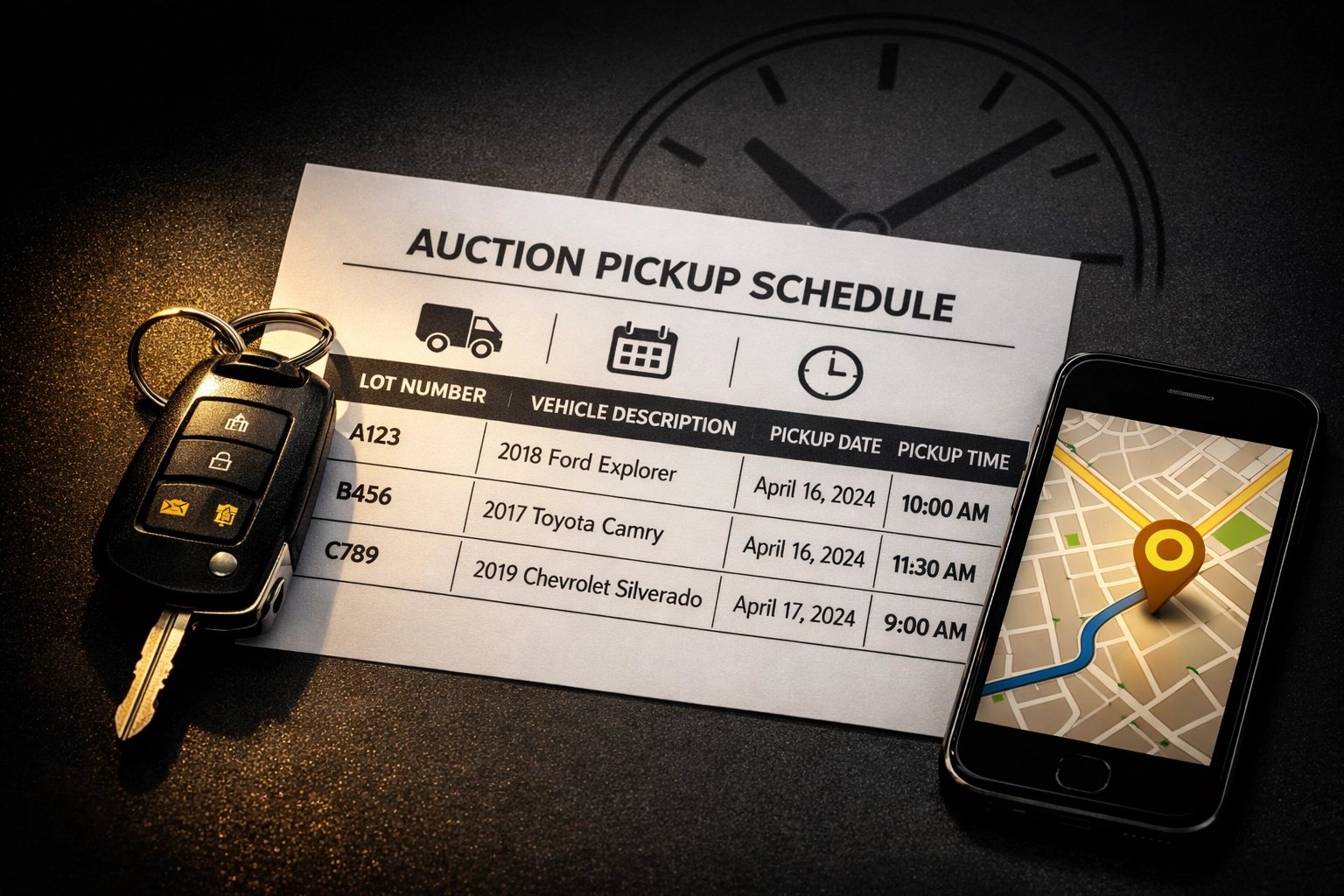 Auction pickup schedule document with car keys and location map on smartphone