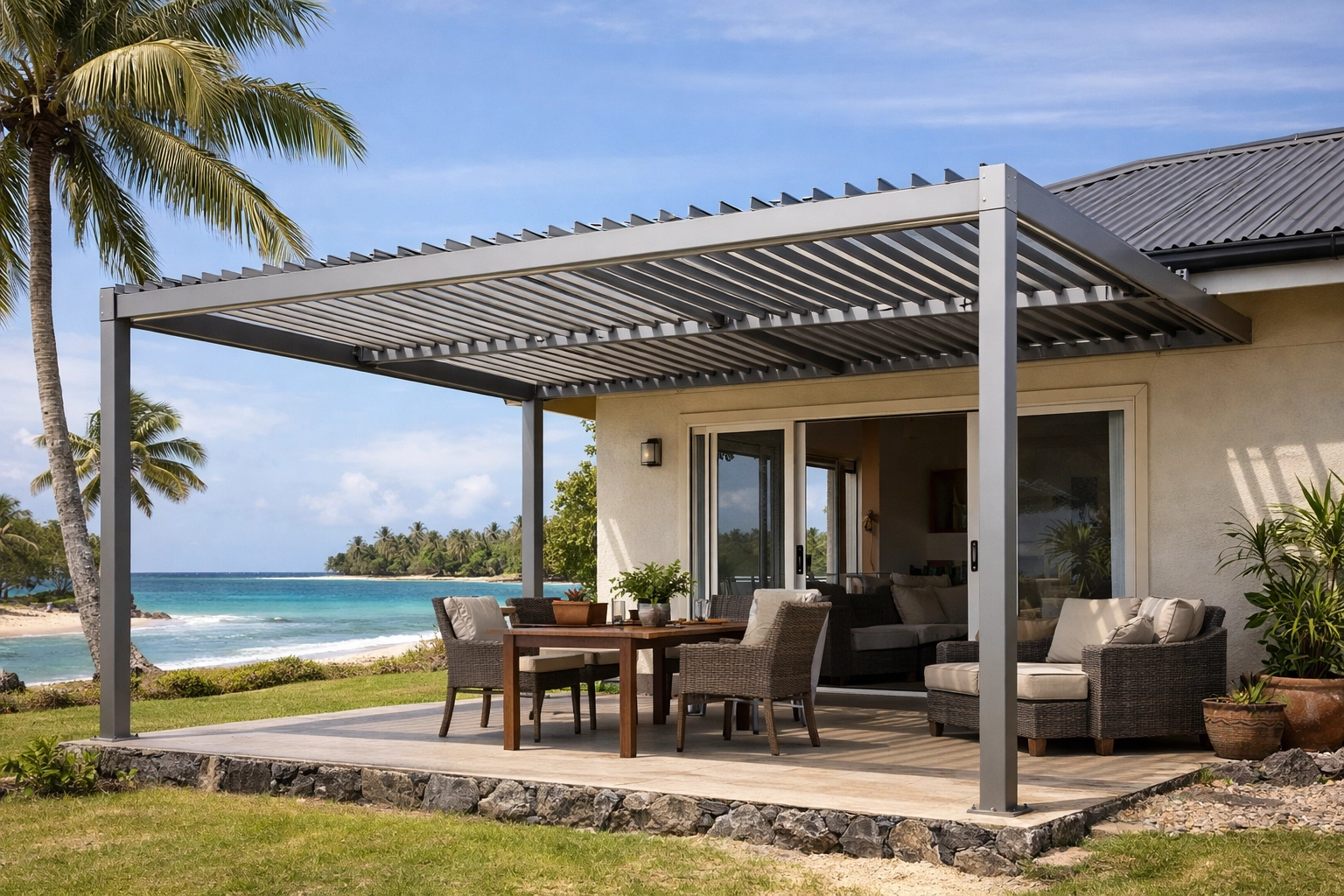 Completed DIY aluminium louvre kitset at a practical Pacific Island property with durable outdoor shade design.