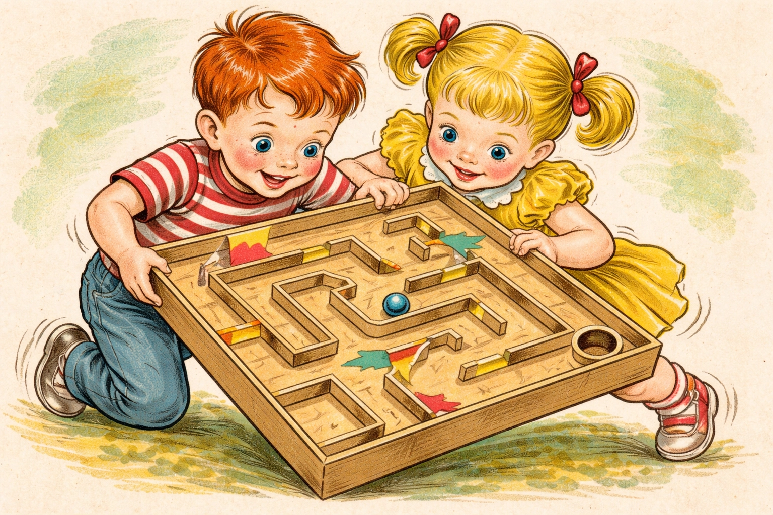 Children tilting a finished cardboard marble maze, playing and guiding a marble through pathways