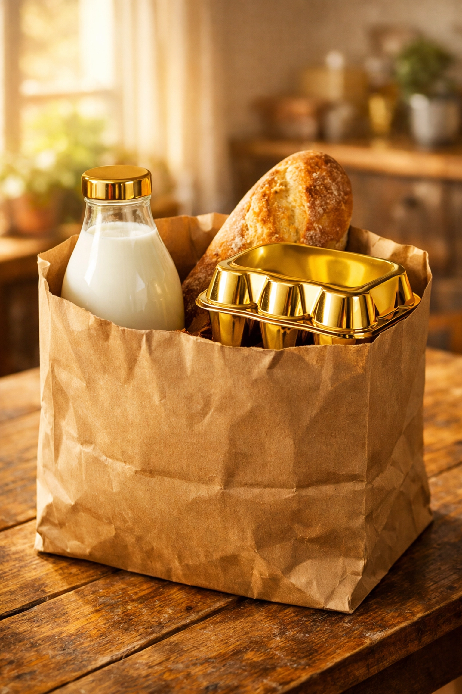 Brown grocery bag with gold-capped milk and eggs, showing the impact of fuel costs on food inflation.