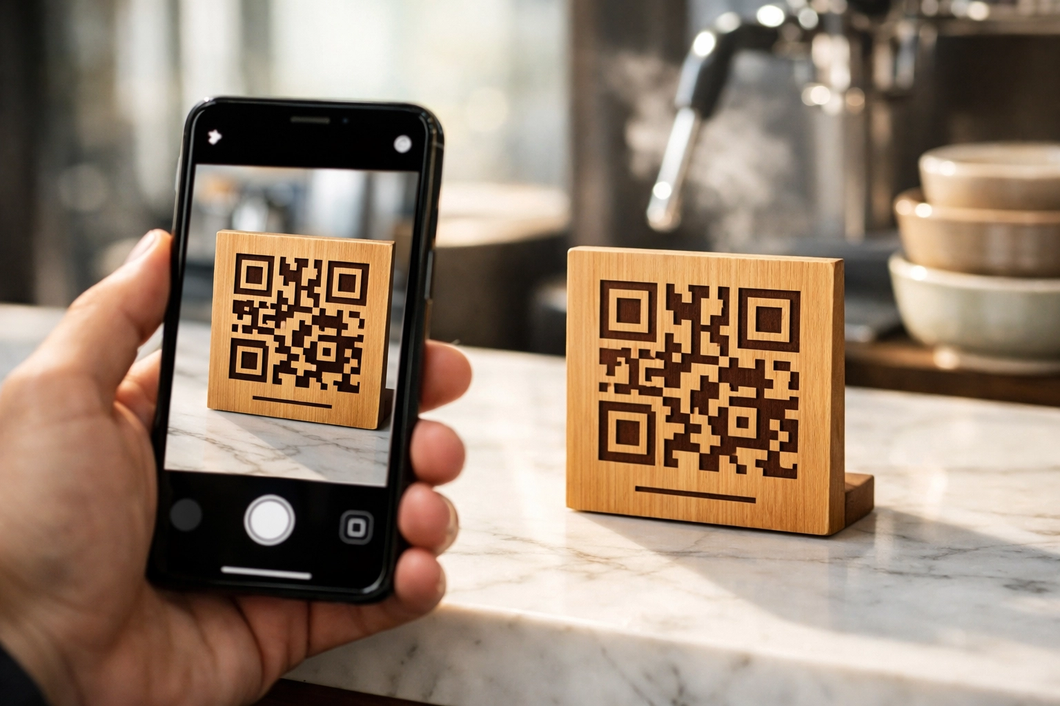 Customer scanning a QR code at a café counter to leave a review on a verified reviews platform.