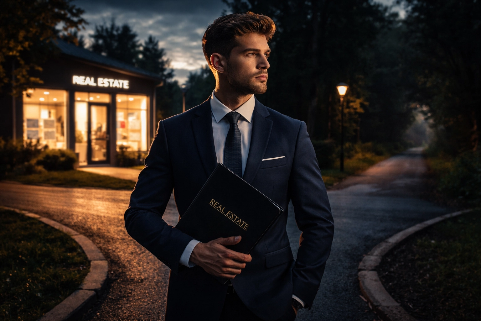 Young Australian real estate agent stands between career choices, symbolizing industry entry and risk-taking