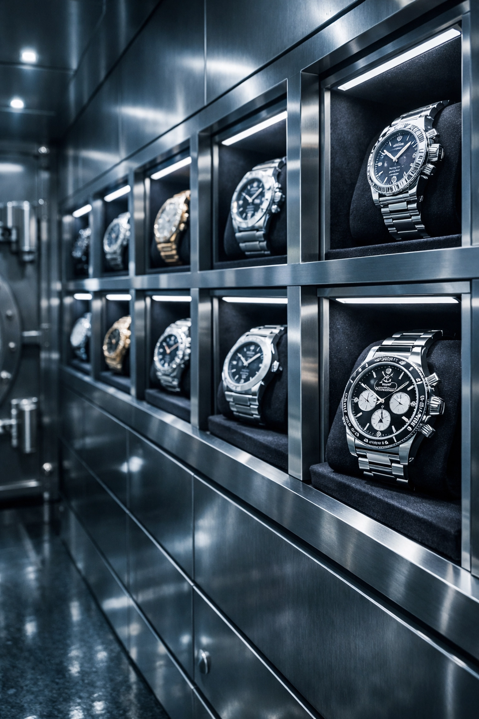 Rare luxury watch collection displayed in secure climate-controlled vault
