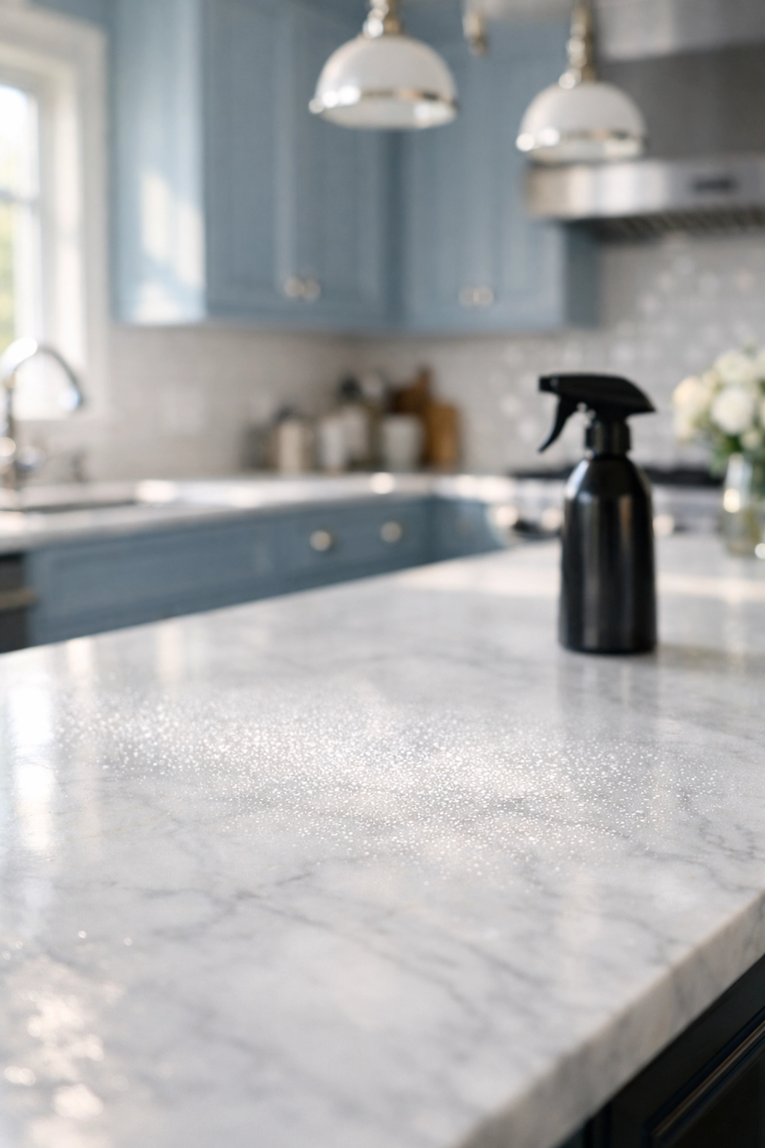 Professional house cleaning Ashby MA kitchen showing proper dwell time on marble surfaces.