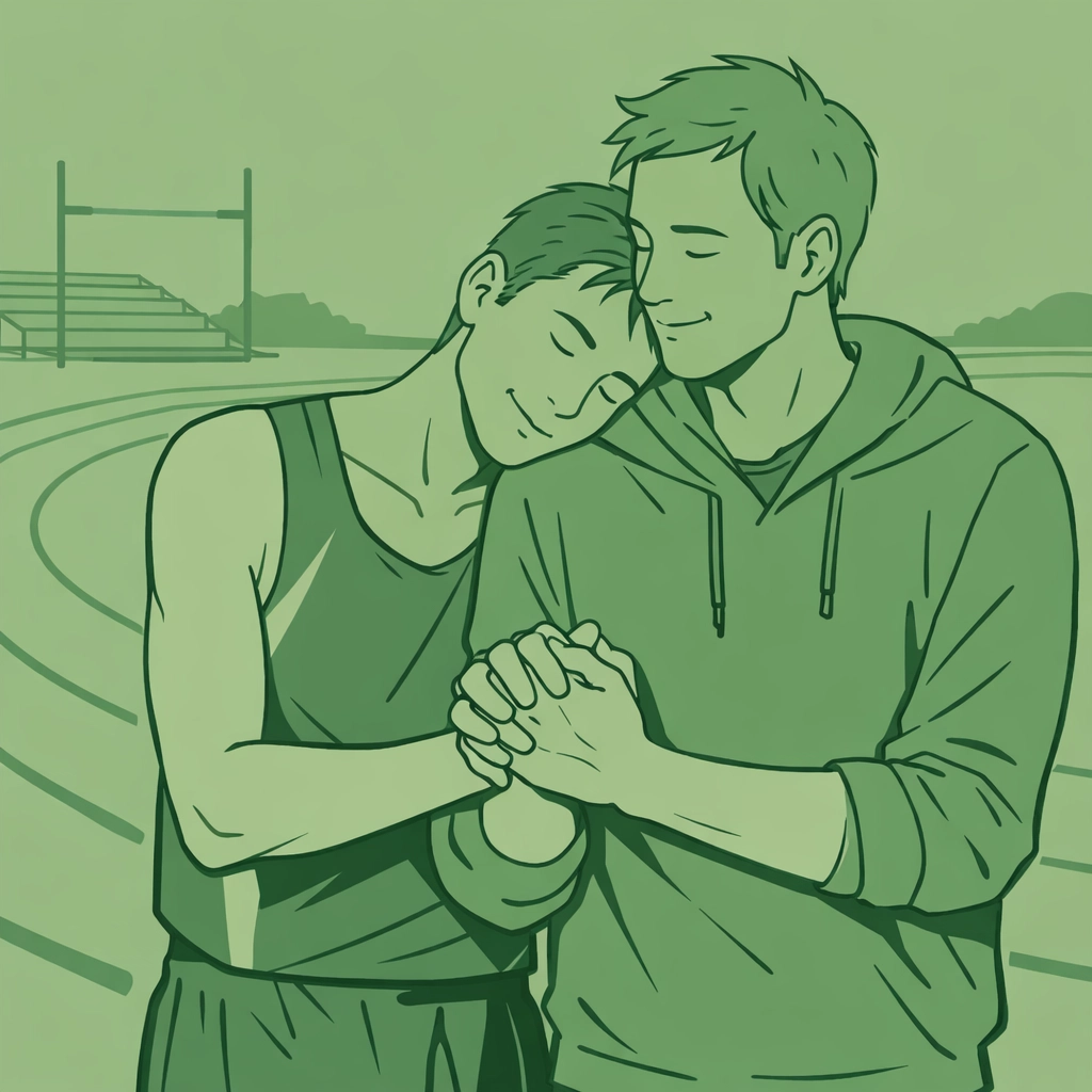 A gay athlete resting on his partner's shoulder after a race, highlighting emotional MM sports fiction.