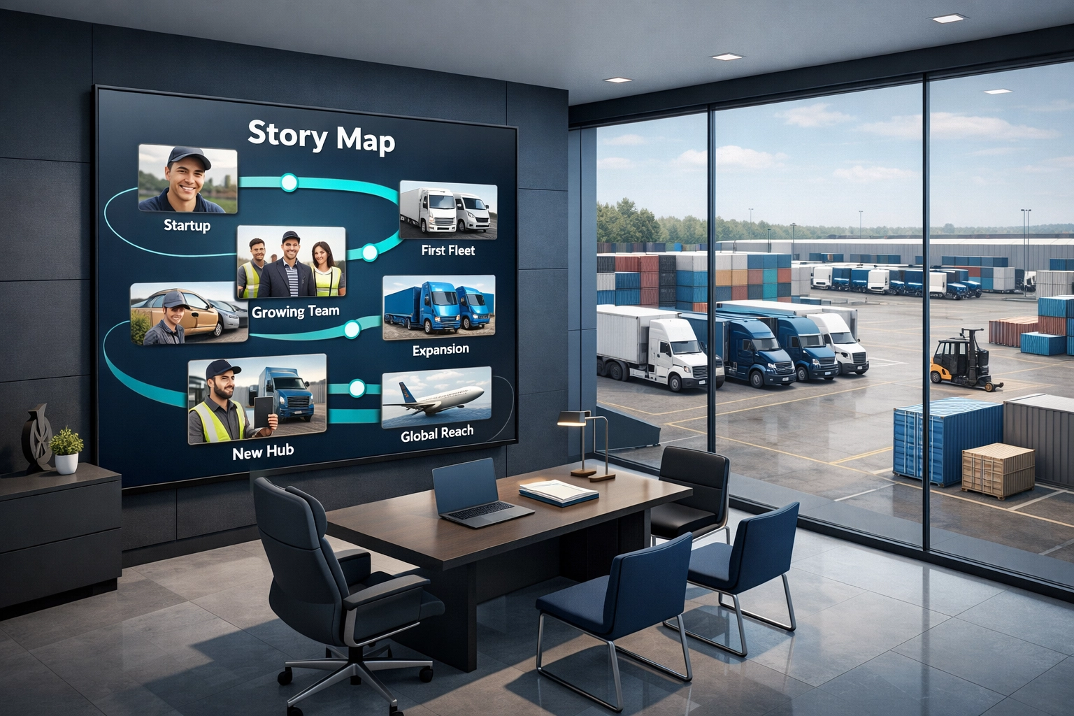 Modern logistics office featuring a visual story map to illustrate narrative-driven marketing strategies.