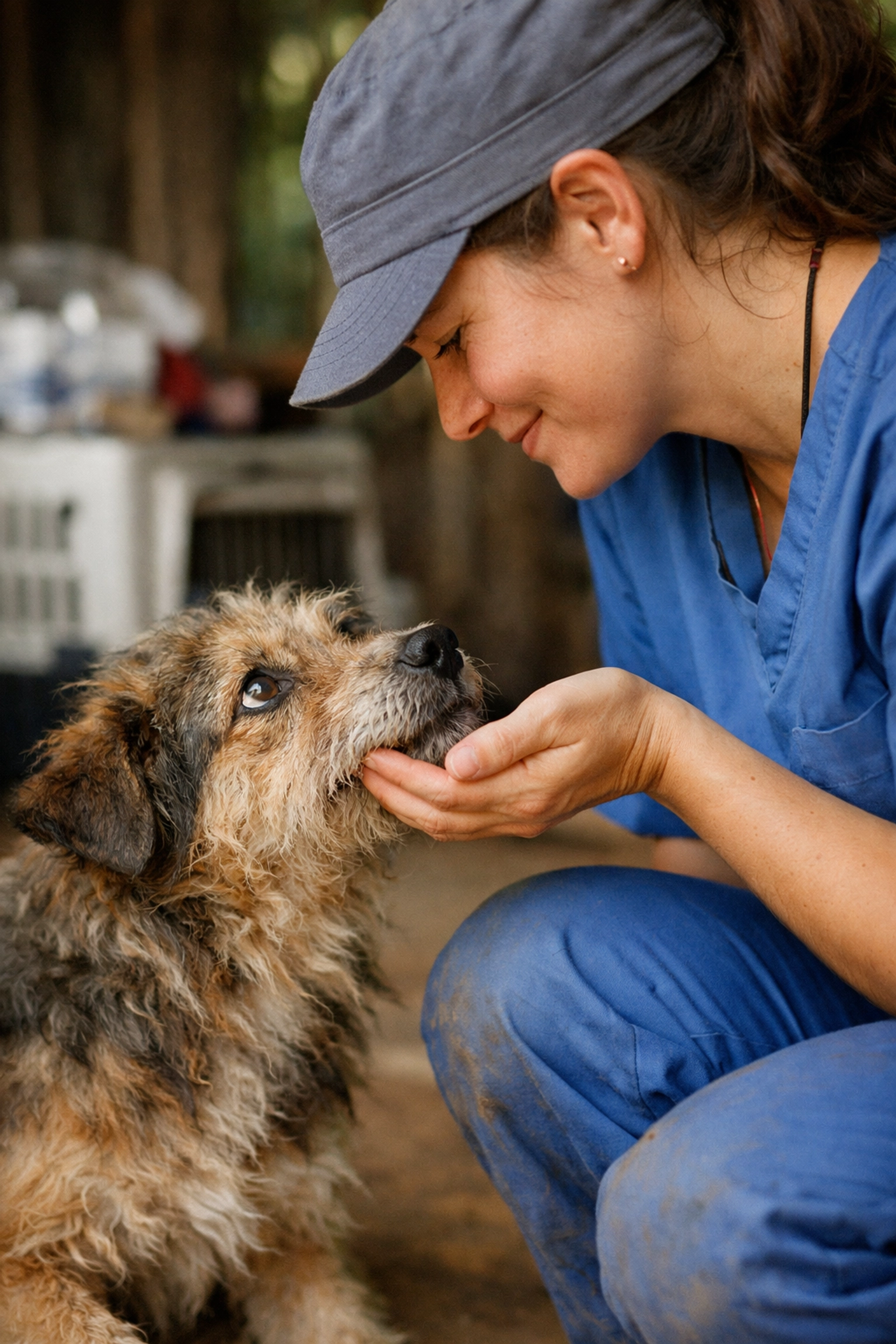 International veterinary volunteer in scrubs caring for a dog receiving parasite treatment in the field.