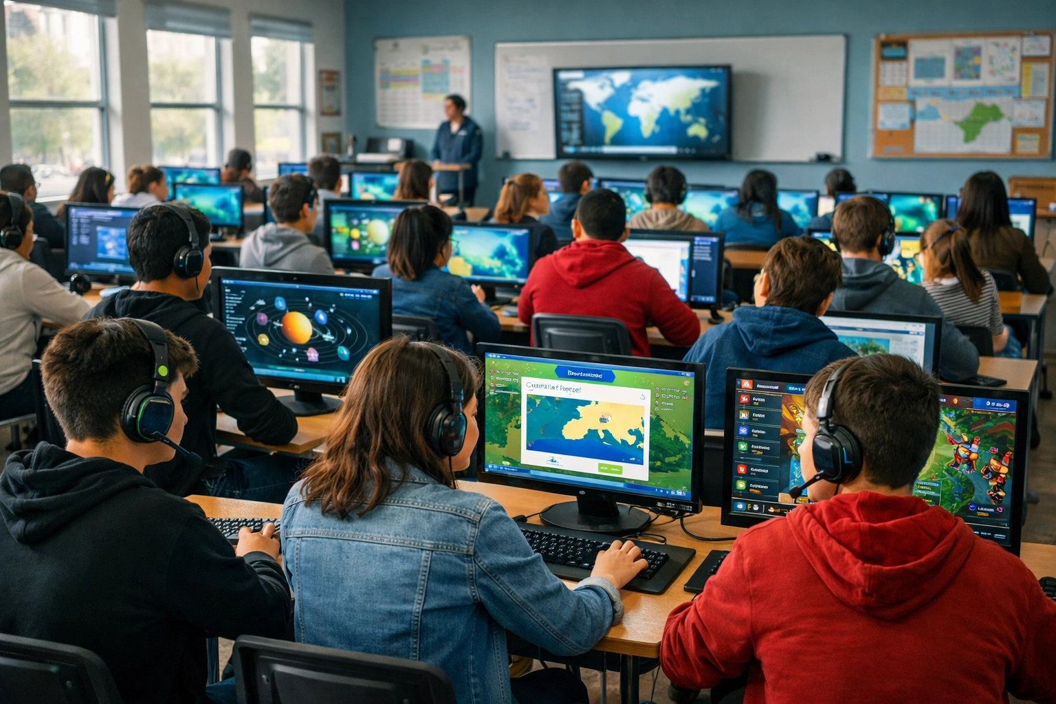 High school students engaged in esports education program with gaming workstations and learning technology