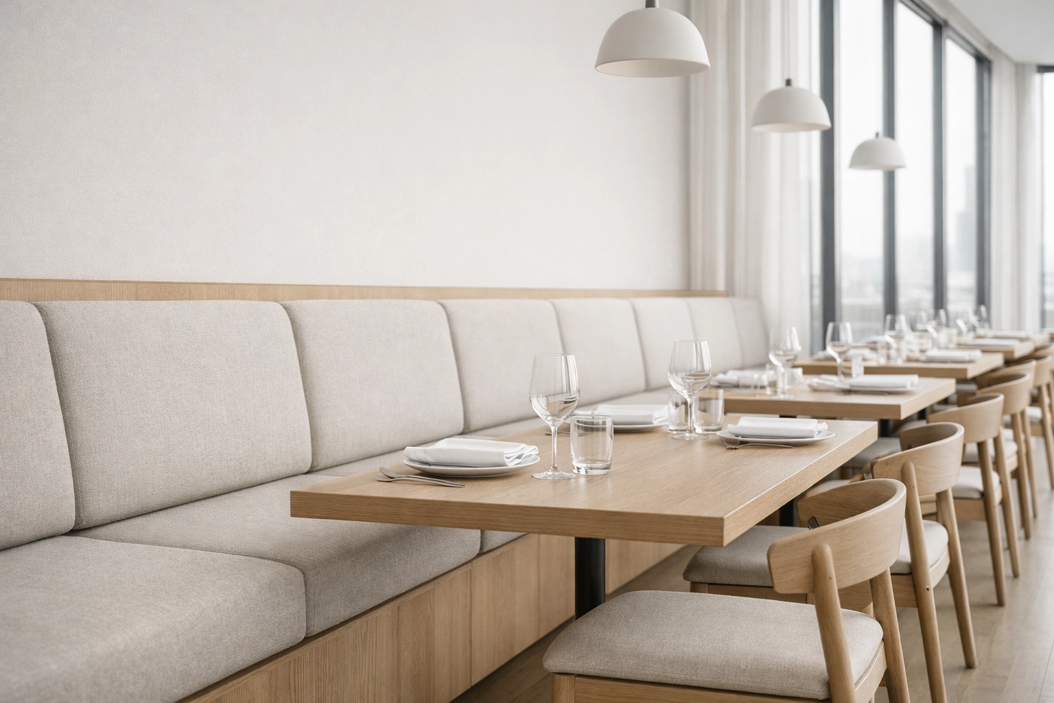 Modern restaurant banquette seating with high-quality neutral commercial upholstery.