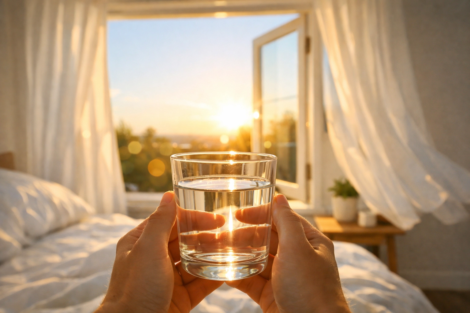 Hands holding glass of water with early morning sunlight streaming through window