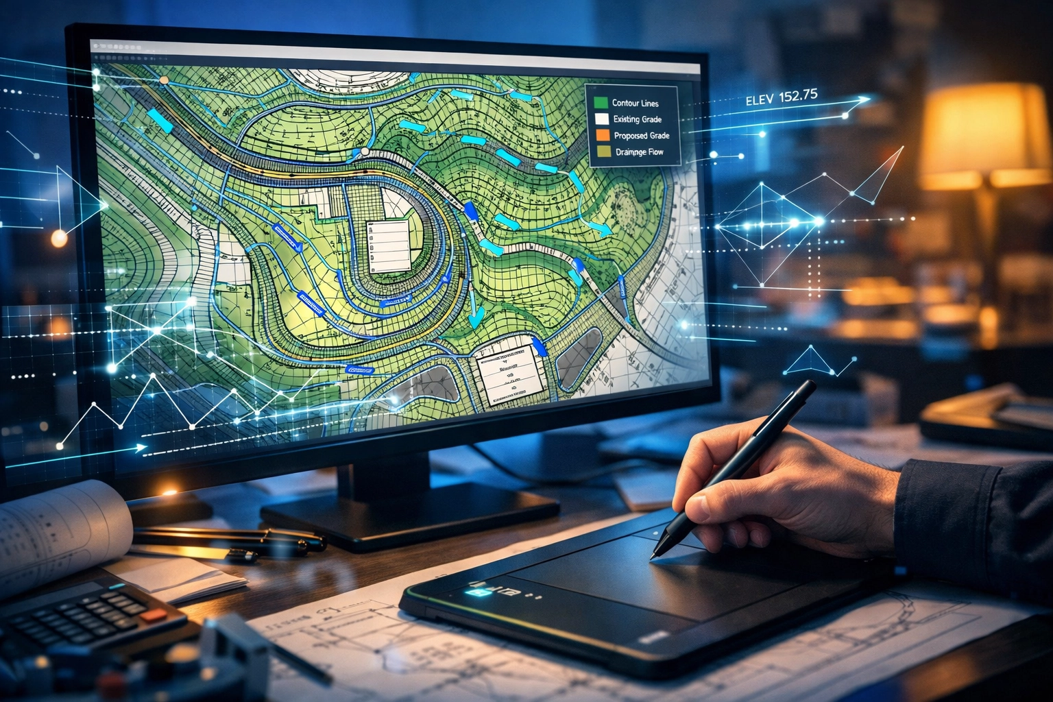 Detailed Ontario site grading plan and drainage contours on a professional engineering workstation.