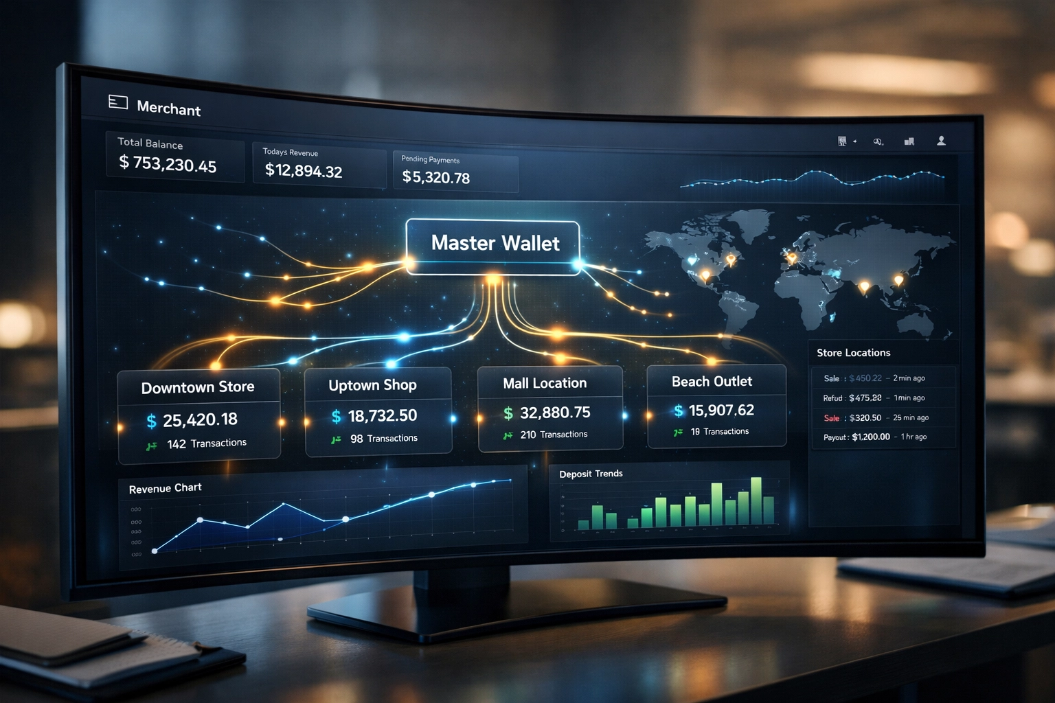 Merchant dashboard displaying master wallet with branching sub-wallets for multi-location management