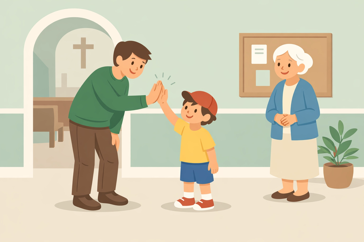 Adults and children greeting each other