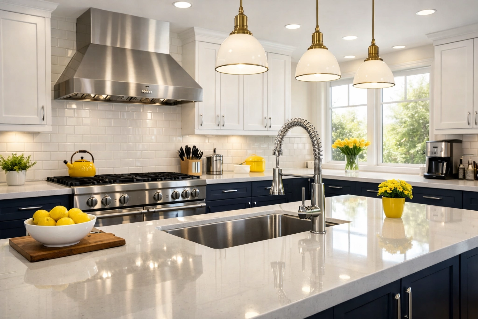 Pristine modern kitchen with gleaming stainless steel surfaces after a professional clean.