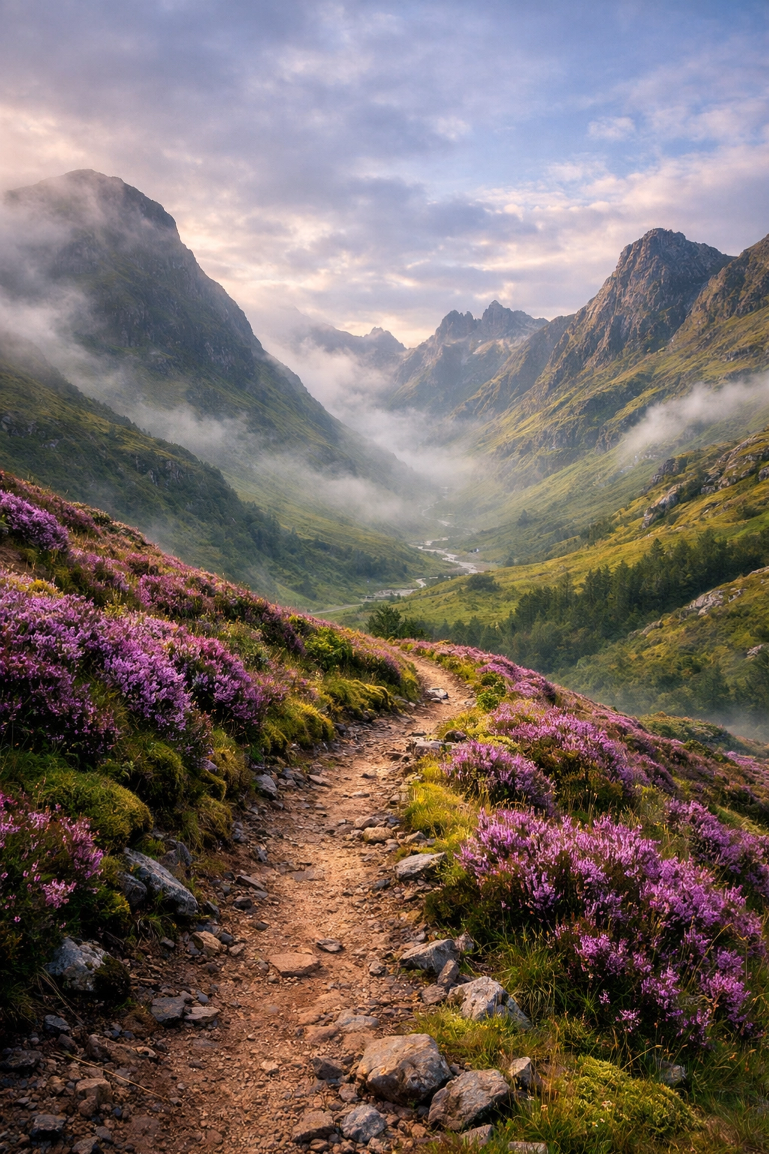 A winding trail for guided hiking tours in the UK through a misty valley in the Scottish Highlands.