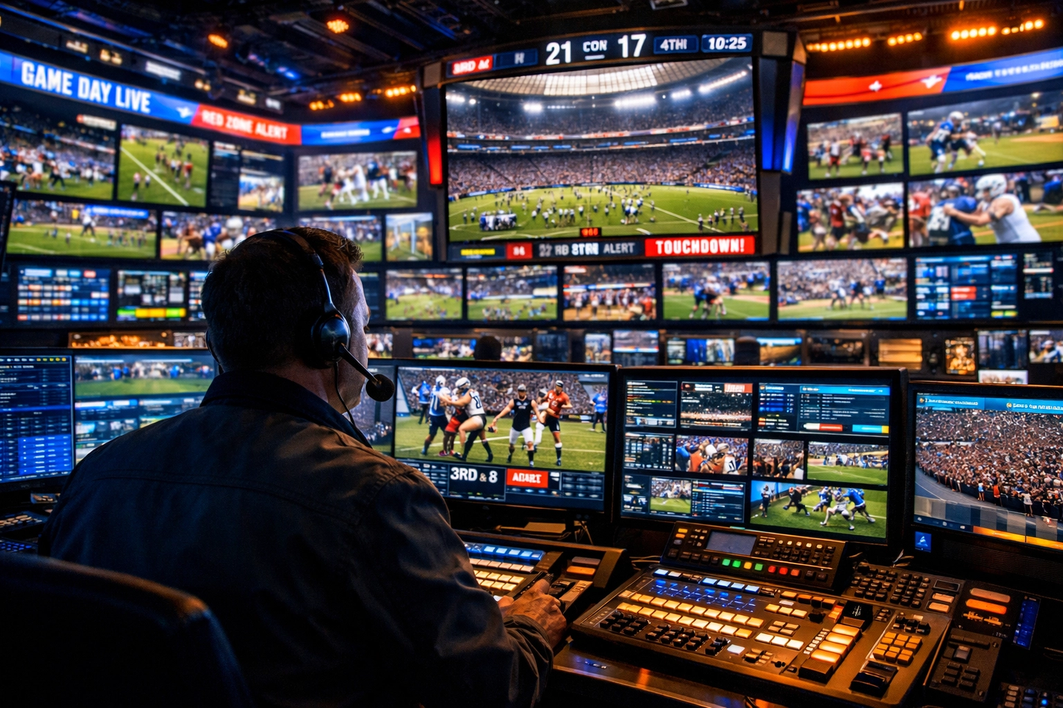 High-tech sports media control room managing the Sporttron digital network across multiple stadiums.