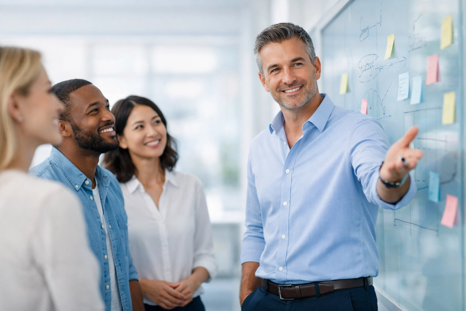 Confident leader fostering psychological safety and systemic change with a professional team in a modern workspace.