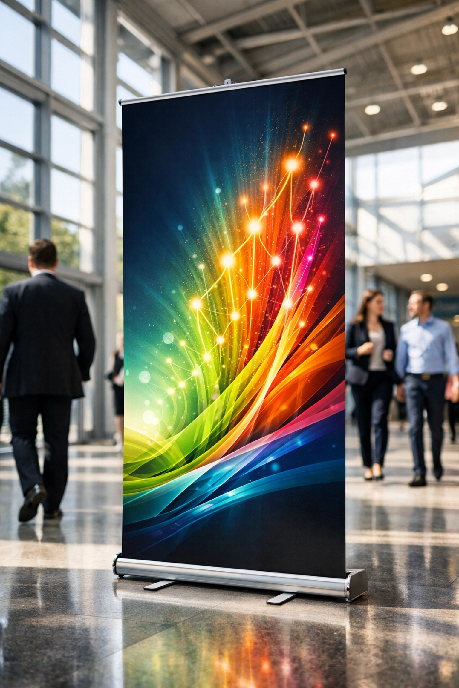 Professional pop-up banner stand with custom graphics for Dallas business marketing.