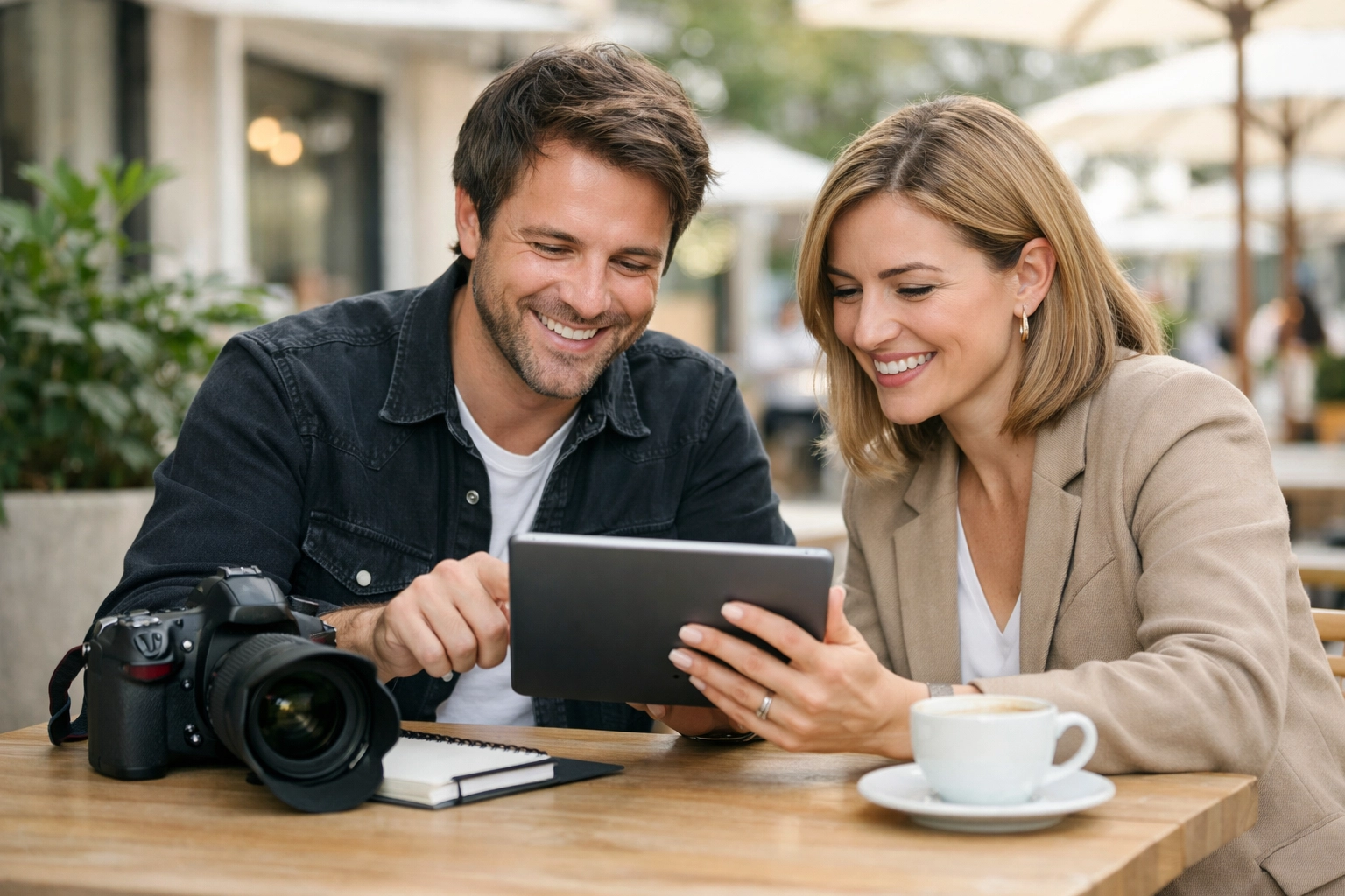 Professional photographer meeting with a client to manage a successful photography booking experience.