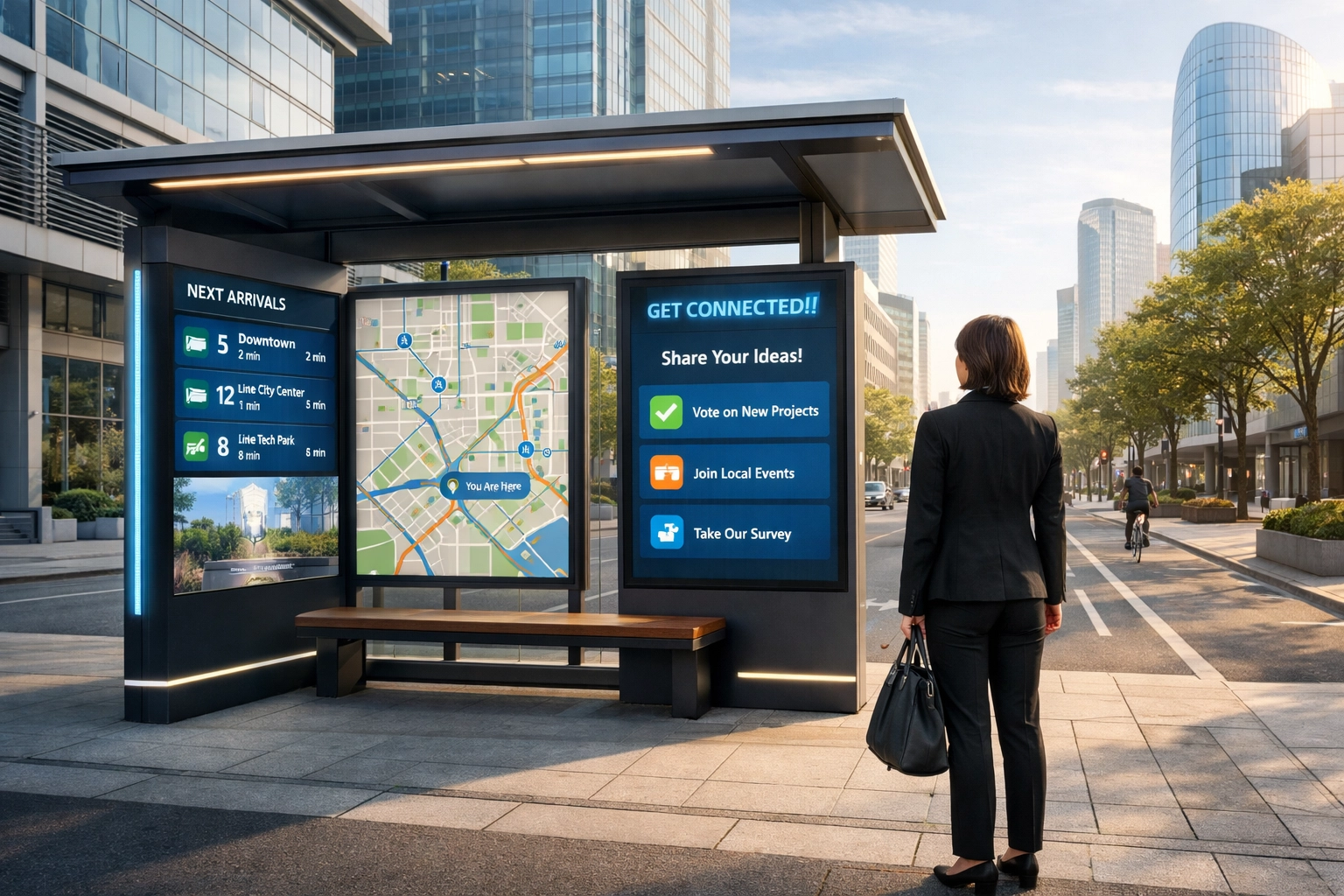 Smart transit shelter with integrated digital touchscreens and real-time maps in a modern urban space.