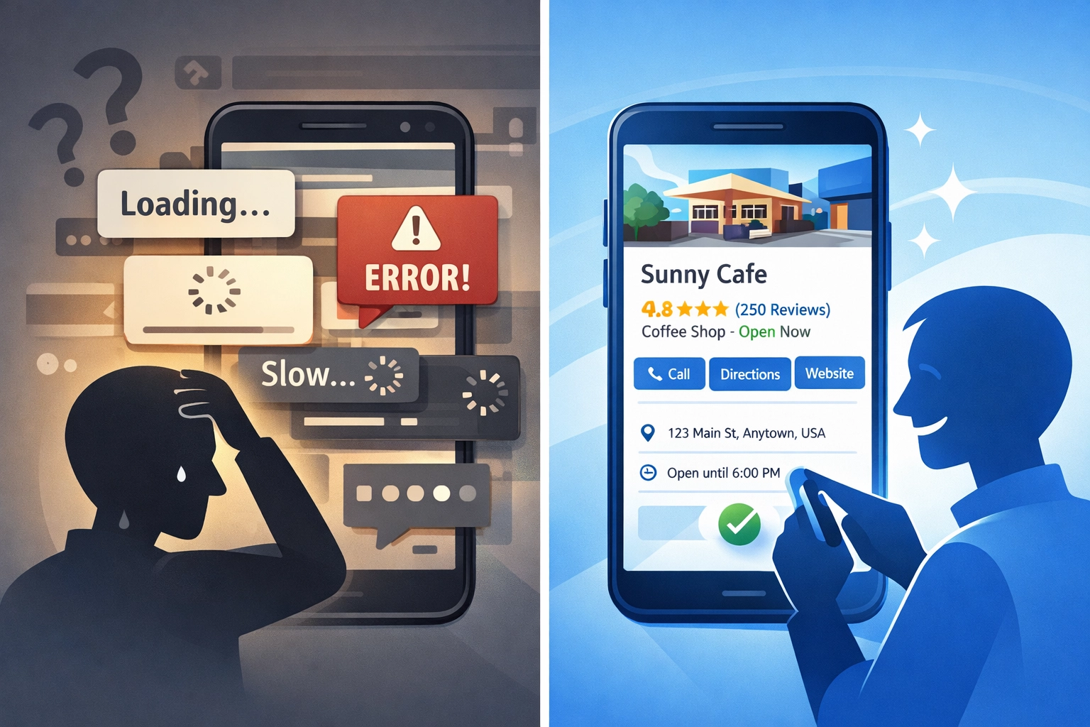 Mobile optimization comparison showing poor versus optimized Google Business Profile experience